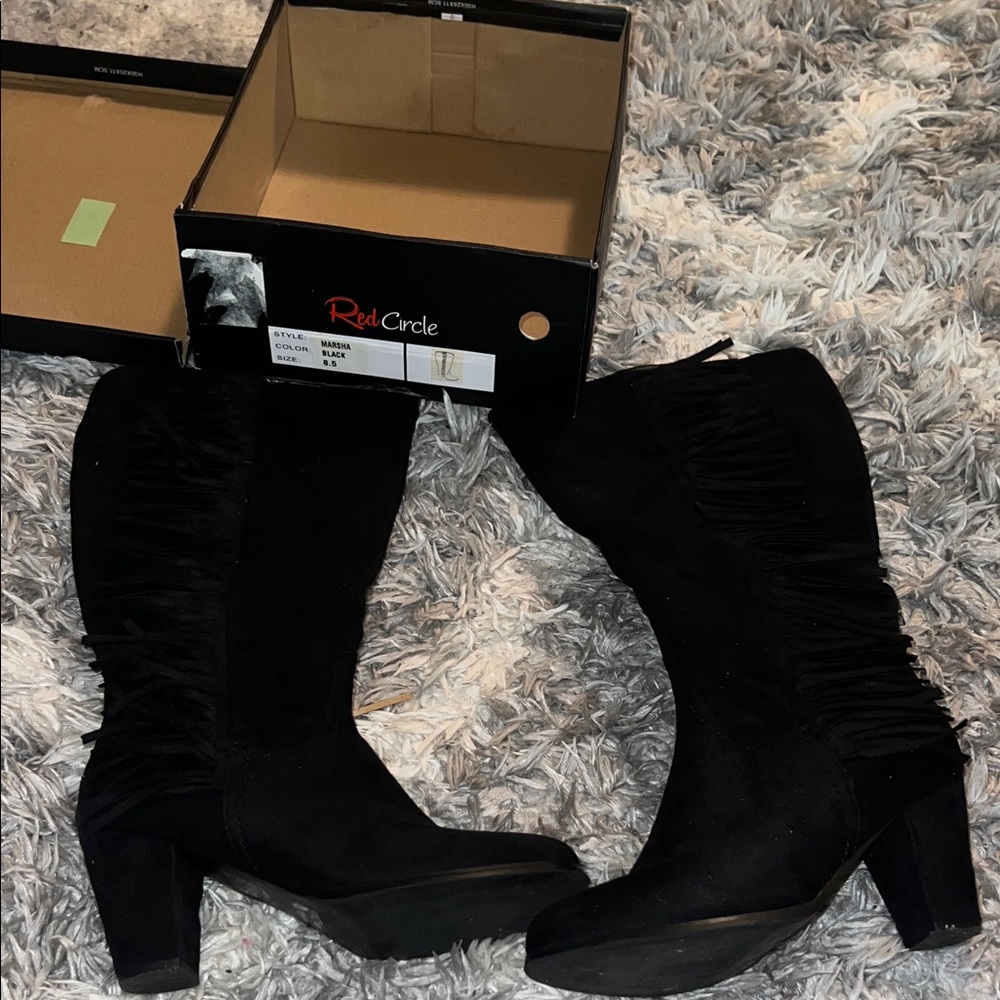 Red Circle Footwear Black Fringe Mid-Calf Heeled Boots